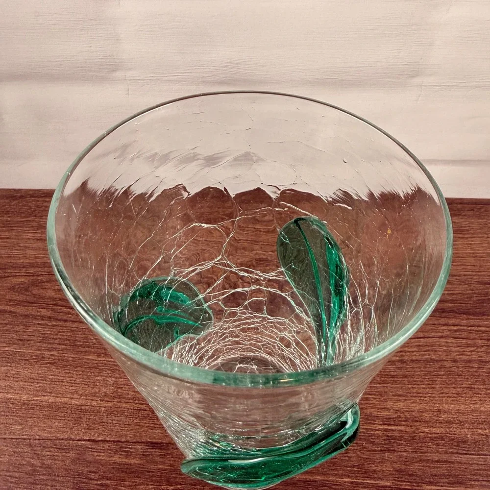 Blenko 366SL Leaf Beaker Vase Sea Green Crackle Glass Mid Century